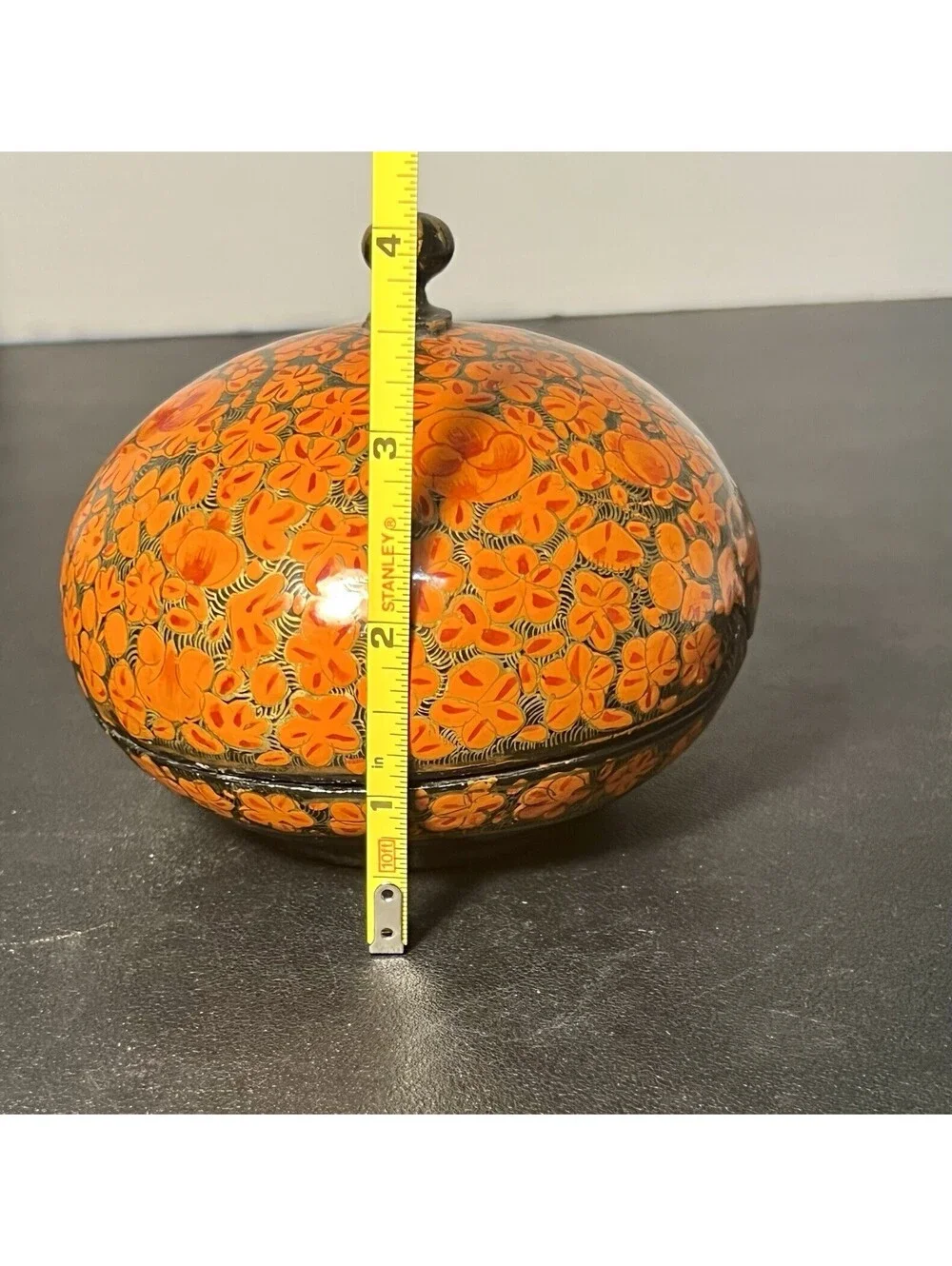India Vintage 1970s Kashmiri Gulkari Floral Papier-Mache Lidded Box, 4x4”